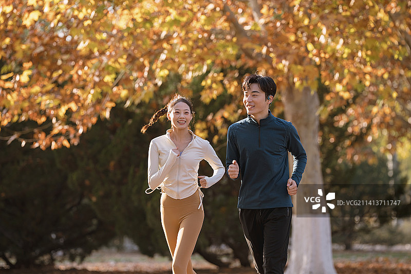 情侣在黄叶下跑步图片素材