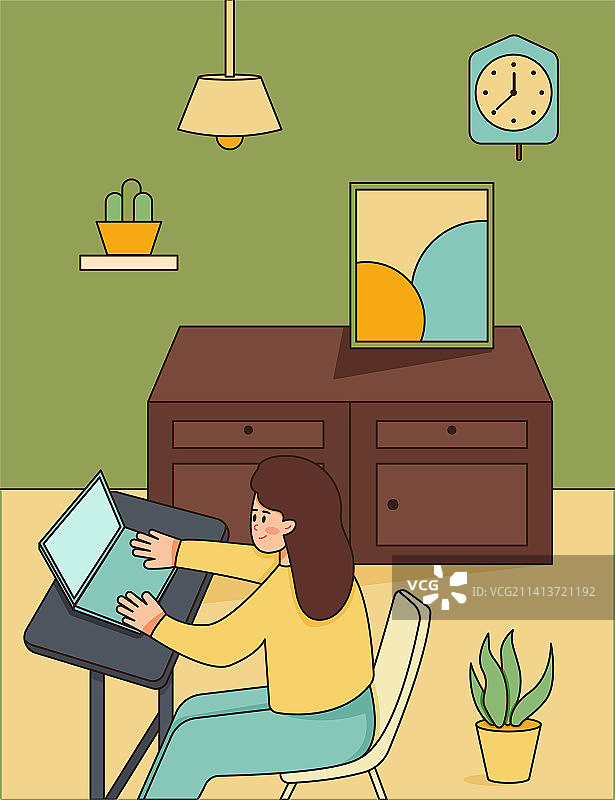 美女在家用电脑办公学习插画图片素材