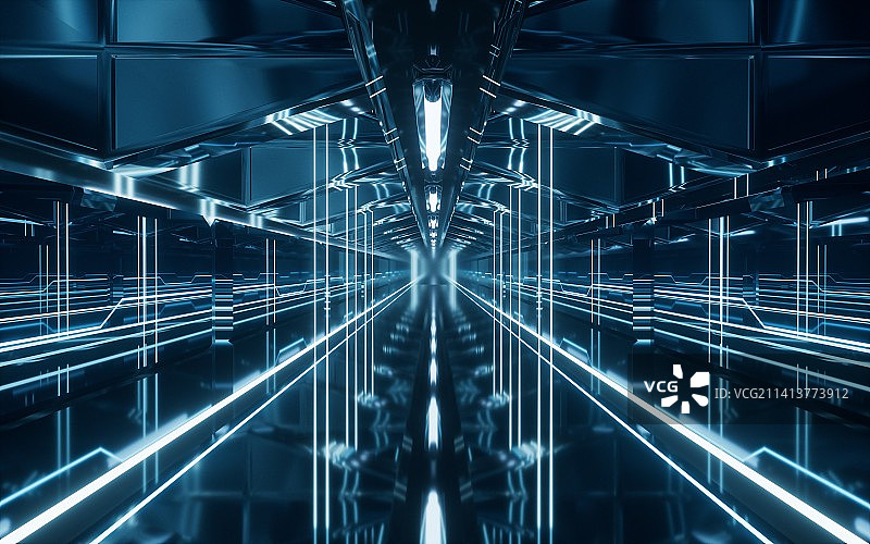 发光霓虹线条隧道3D渲染图片素材