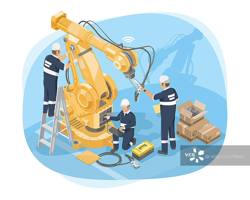 机器人进行机器安装与维护概念图片素材