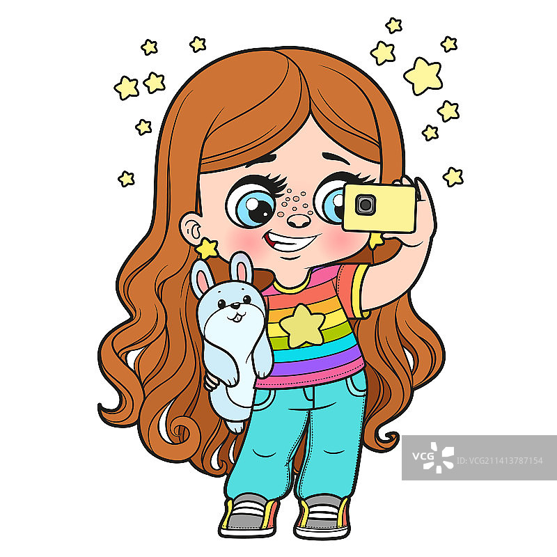 可爱的卡通长发女孩自拍图片素材