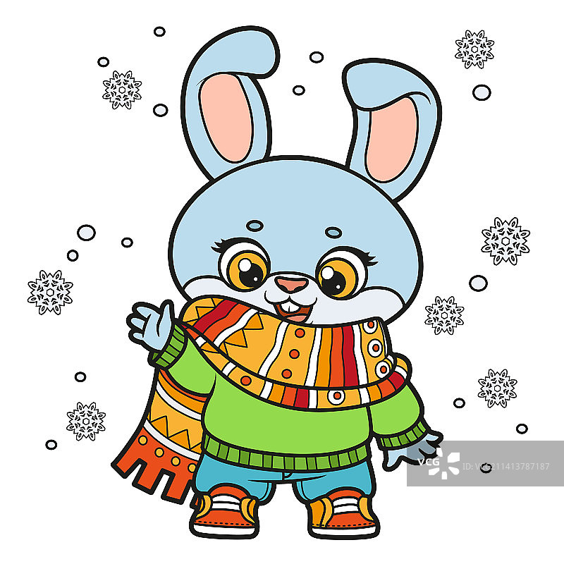 穿着温暖毛衣和围巾的可爱卡通兔子图片素材