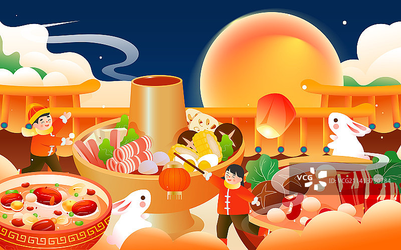 2023春节聚餐团圆新年年夜饭吃火锅插画图片素材