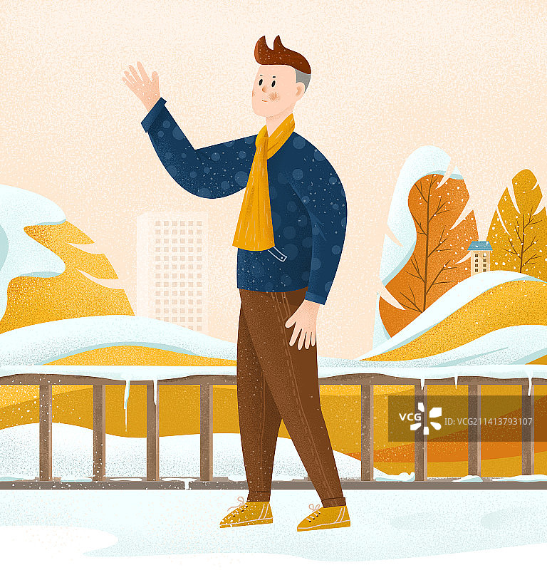 雪中站在栏杆旁的人图片素材