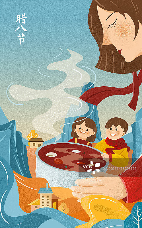 腊八节母亲和孩子插画图片素材