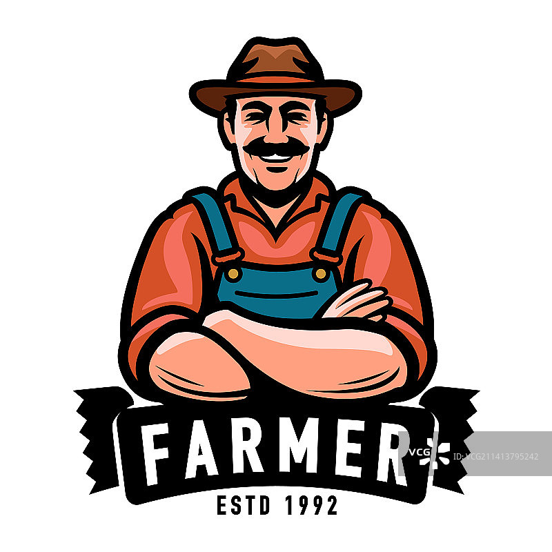 戴帽子的快乐农场男工人的农民徽章图片素材