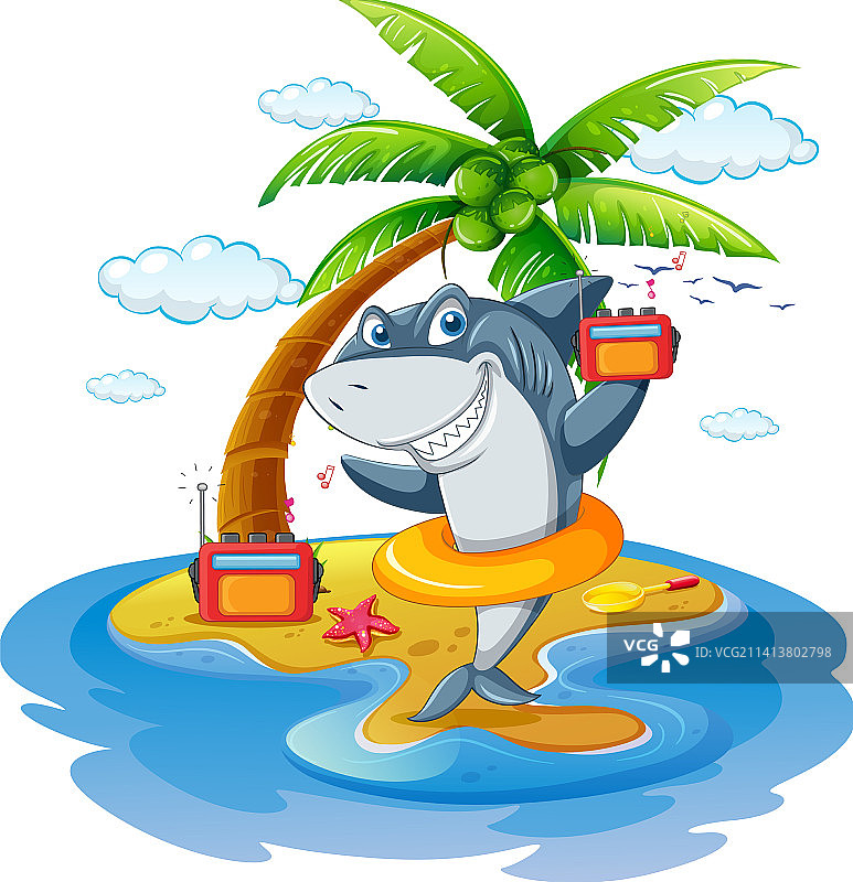 鲨鱼在岛上听音乐图片素材