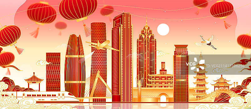 浙江宁波城市天际线建筑插画图片素材