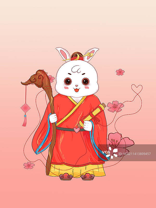 兔年兔子IP月老国潮插画新年贺图脱单桃花图片素材