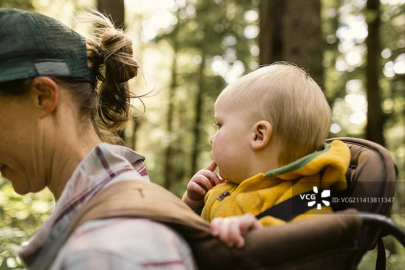 年轻的母亲背着婴儿在森林里徒步旅行图片素材