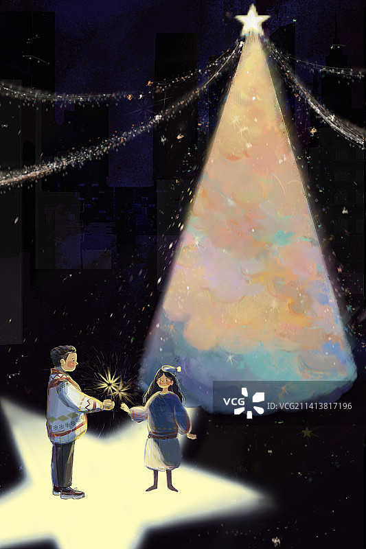 彩色圣诞树下的情侣图片素材