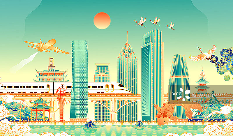 浙江宁波城市天际线建筑插画图片素材