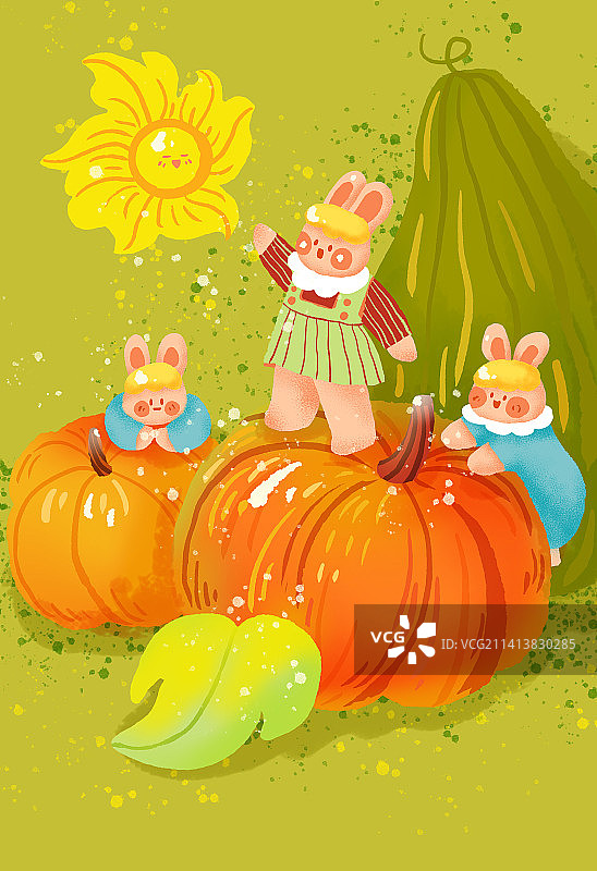 三只兔子秋天南瓜插画图片素材