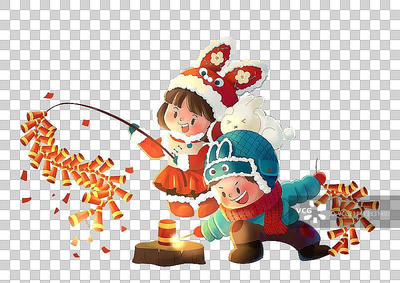 兔年新年春节男孩女孩放鞭炮点炮竹图片素材