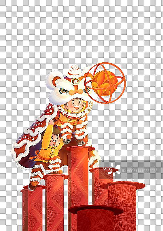 新年春节两个少年舞狮醒狮绣球梅花桩图片素材