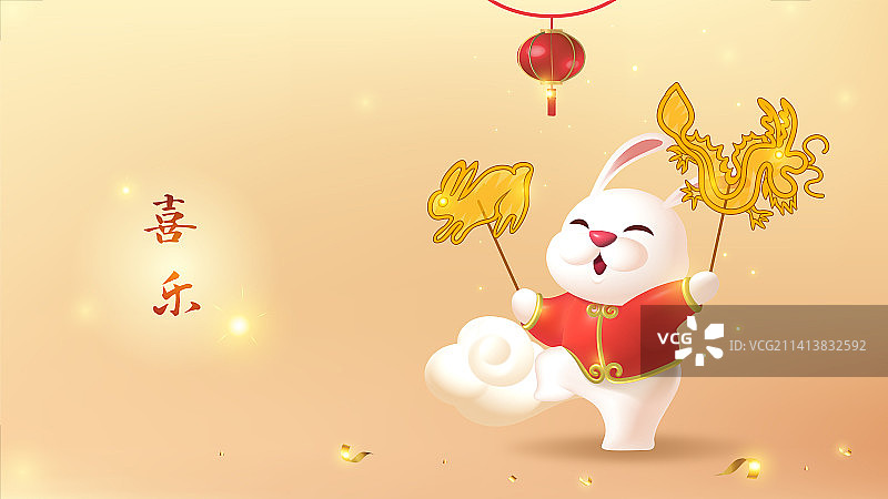 新年插画设计拿着糖画的可爱兔子图片素材