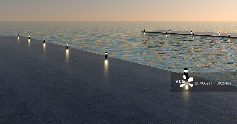 傍晚灯光下的水面码头图片素材