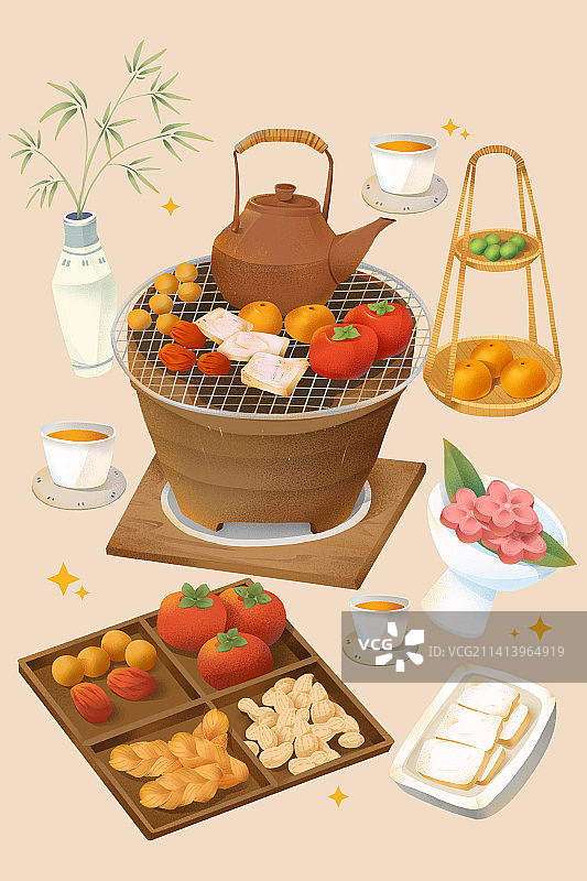 围炉煮茶秋冬餐饮美食围炉插画图片素材