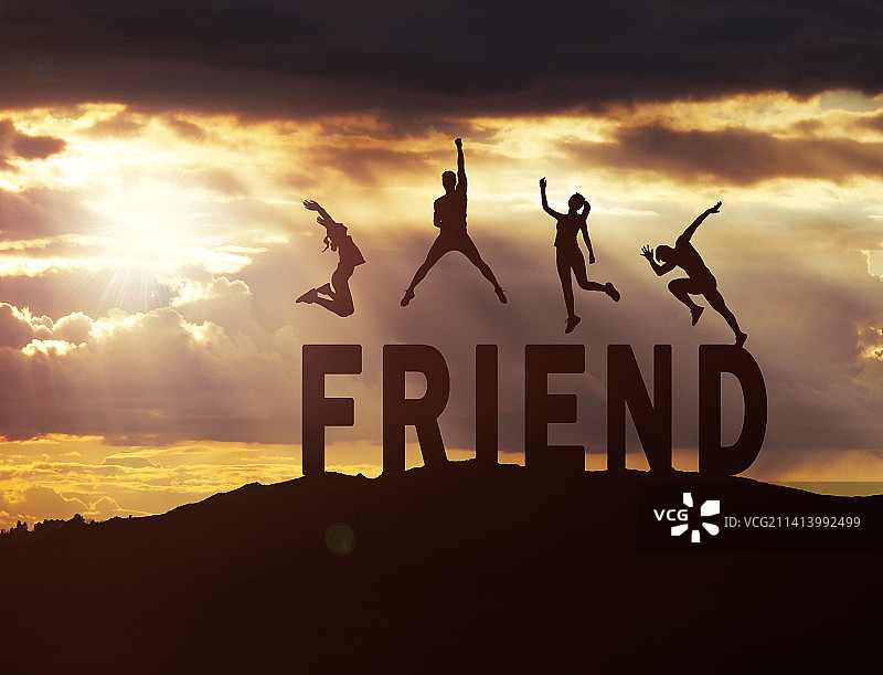 字母FRIEND和一群跳跃的青年人剪影图片素材