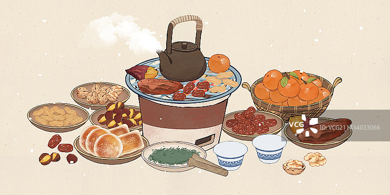 冬季围炉煮茶赏雪插画图片素材