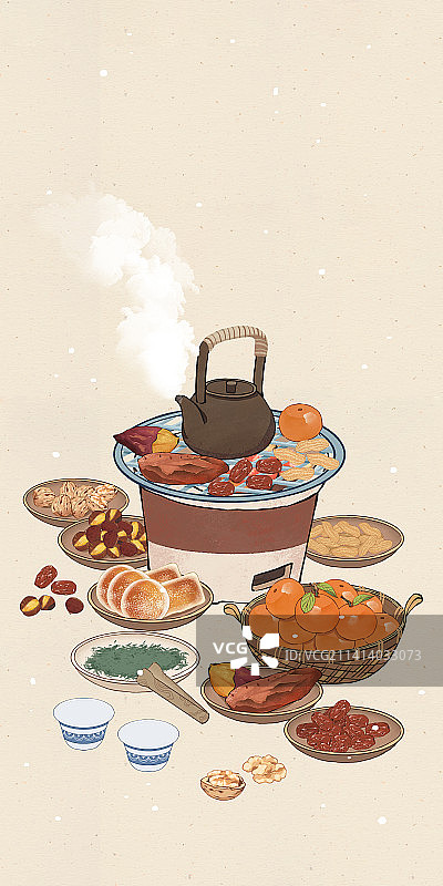 冬季围炉煮茶赏雪插画图片素材