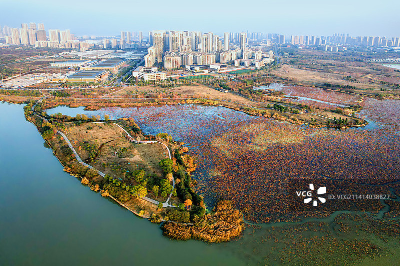 航拍武汉江夏区大桥新区黄家湖湿地、军运村、理想星光图片素材