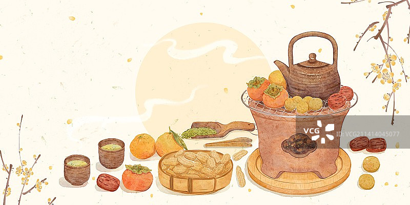 新中式国风围炉煮茶小食赏梅花插画图片素材