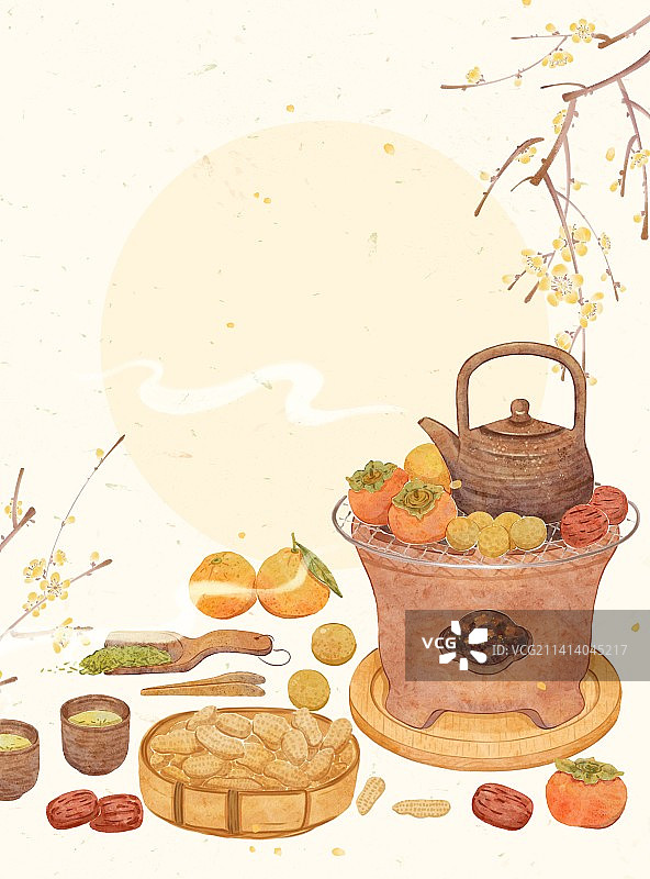 新中式国风围炉煮茶赏梅花插画图片素材