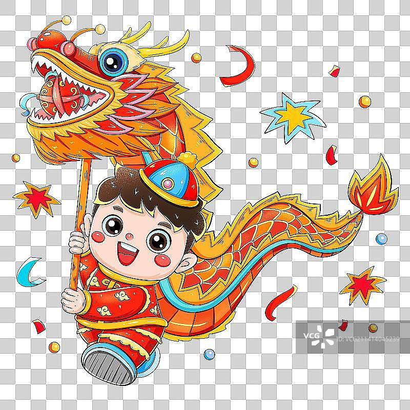 新年春节年俗舞龙的福娃图片素材