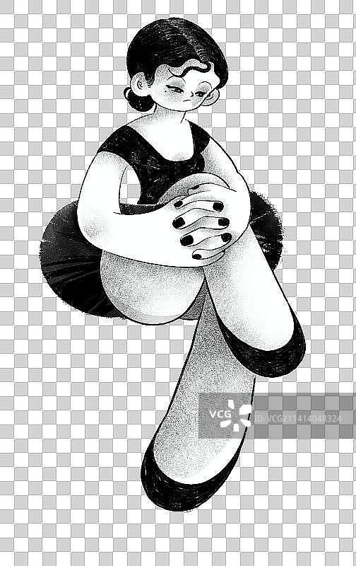 黑白版画风格女生个性插画图片素材