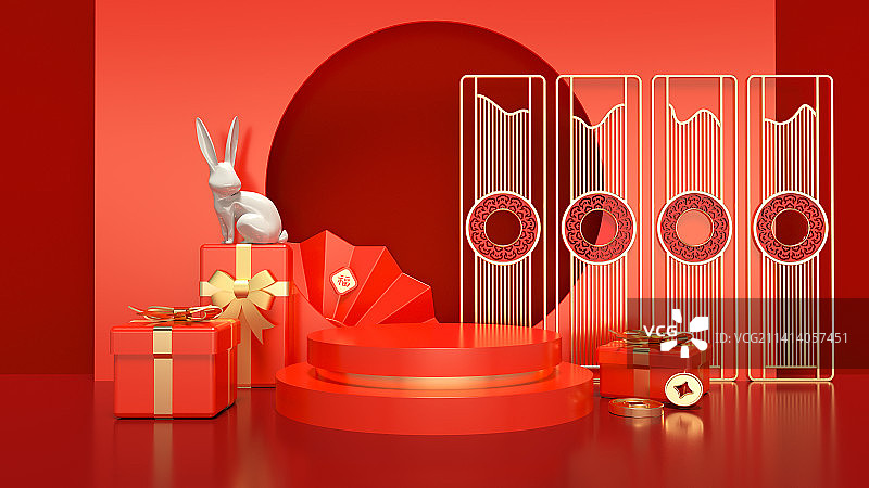 C4D新年产品展台，春节，红色，中国风，国潮，电商图片素材