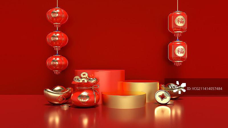 C4D新年产品展台，春节，红色，中国风，国潮，电商图片素材