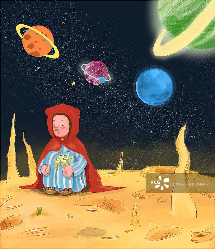 一个孤独的人在星球上 手拿花朵图片素材