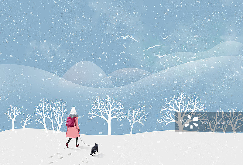 冬季女孩宠物去旅行图片素材