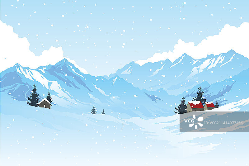 唯美冬天房屋雪山风景矢量插画图片素材