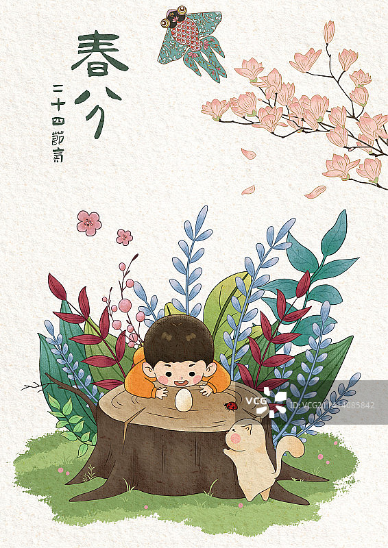 24节气春分立蛋习俗男孩猫咪植物场景插画图片素材