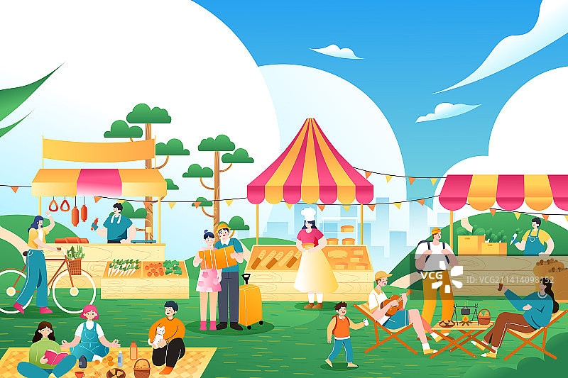 卡通春季户外活动风景自然亲子家人郊游旅游露营围炉煮酒餐饮美食城市学生出行娱乐休闲公园生活渐变矢量插画图片素材