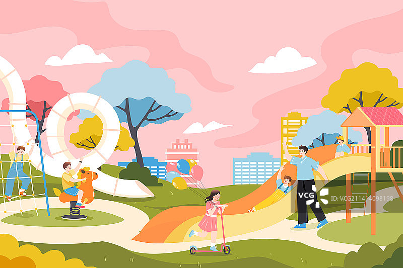 卡通春季春天亲子家人出游旅行踏青游乐园滑滑梯公园户外活动娱乐休闲带娃儿童节电商出行促销渐变矢量插画图片素材