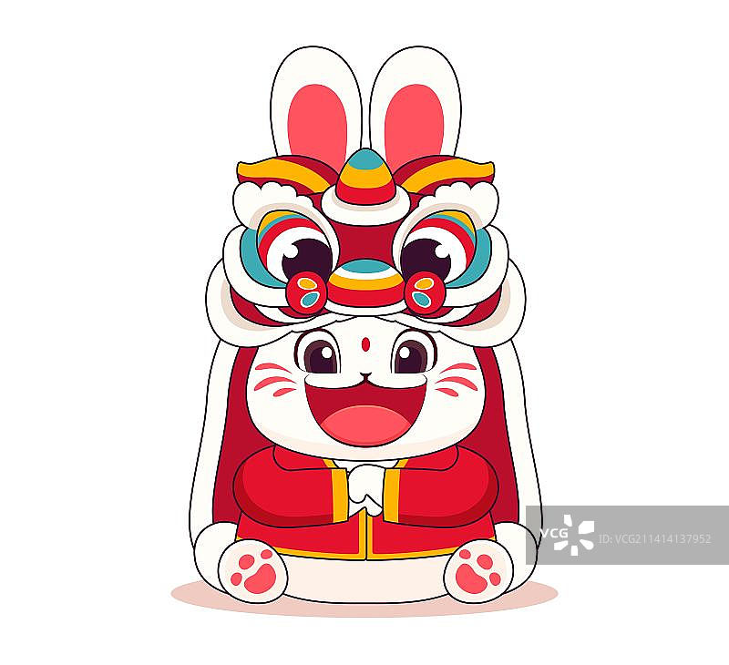 手绘舞狮兔子卡通插画图片素材