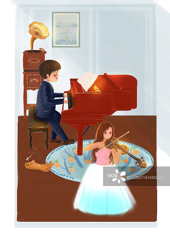 弹钢琴拉小提琴儿童合奏插画图片素材