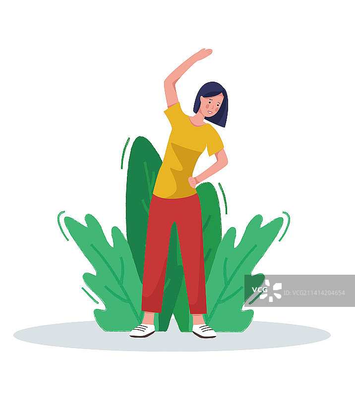 隔离期间也要健身运动做瑜伽矢量插画 在家里做运动的女人图片素材