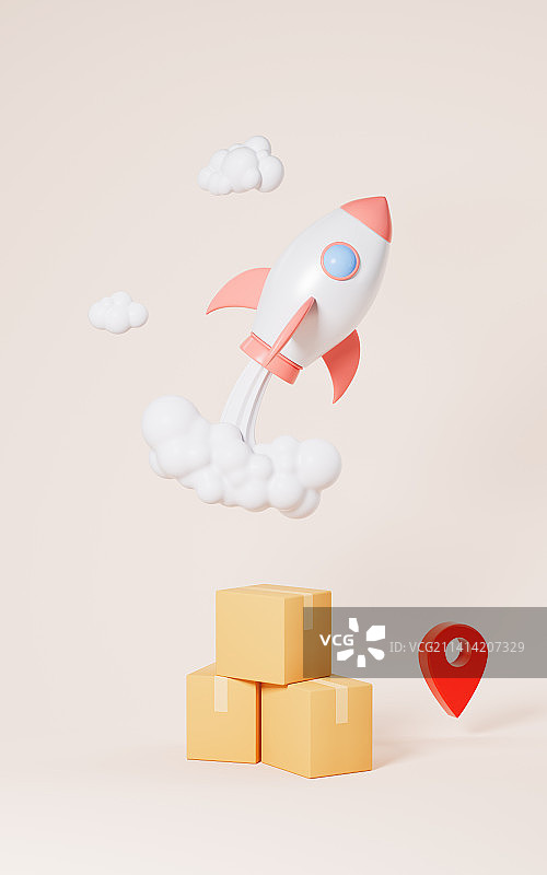火箭带着包裹物流闪送概念3D渲染图片素材