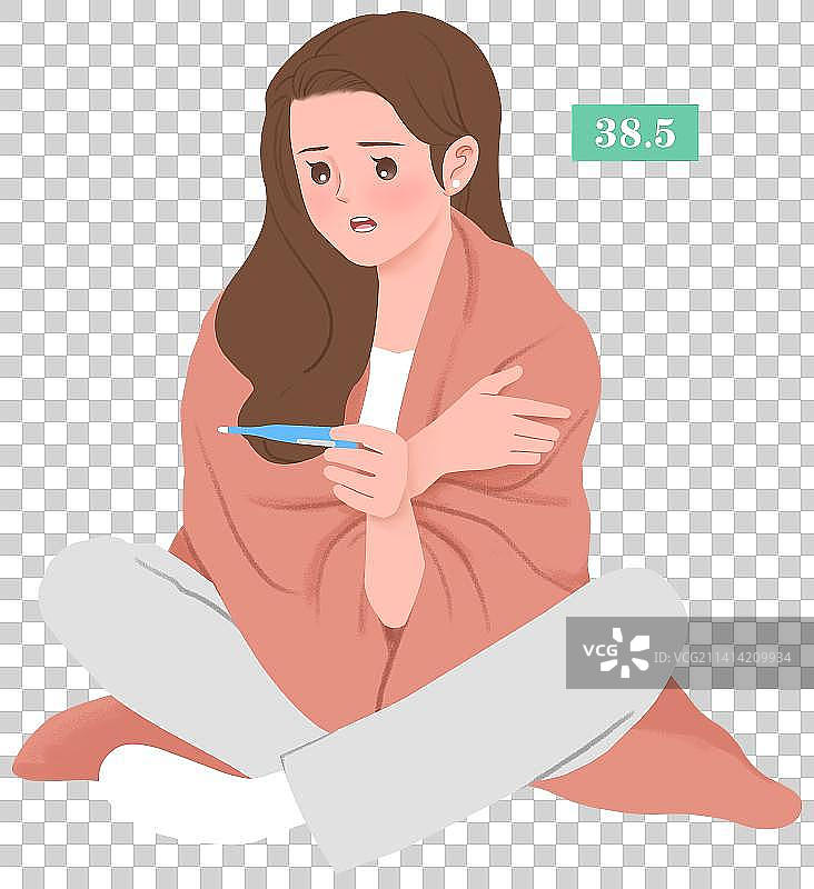 发烧的女性裹着毯子看体温计图片素材