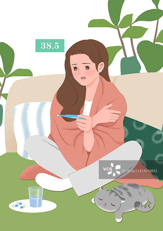 发烧的女性裹着毯子坐在床上图片素材