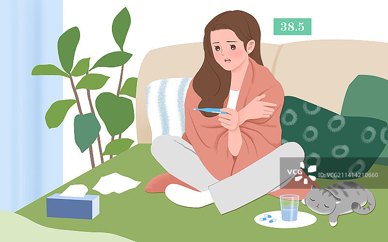 发烧的女性裹着毯子坐在床上图片素材
