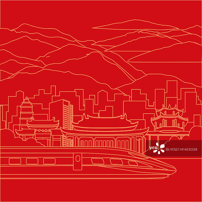 线形城市高铁建筑红色背景插画图片素材