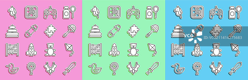 玩具剑、风筝、拨浪鼓和婴儿游戏手柄线条素材图片素材