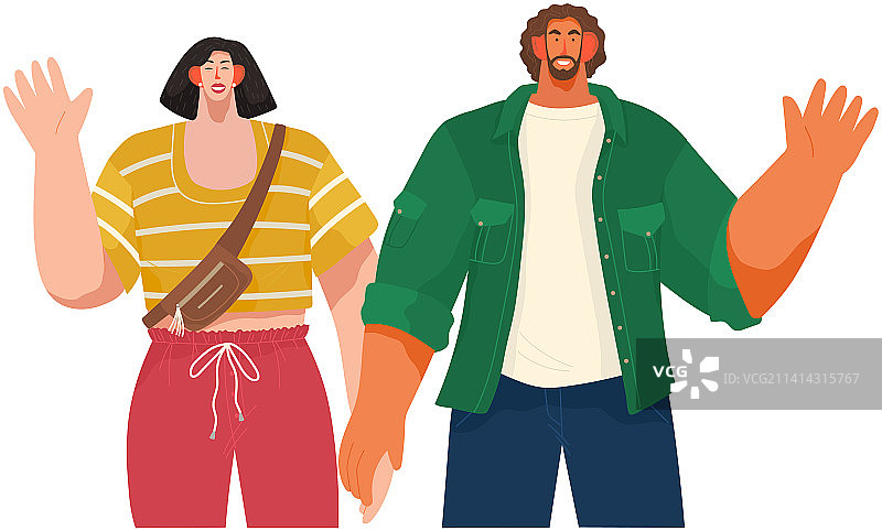 挥手微笑的快乐年轻情侣或父母图片素材