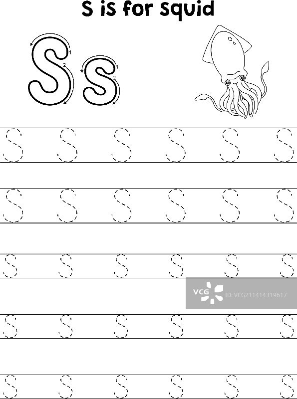 鱿鱼动物描摹字母ABC着色页图片素材