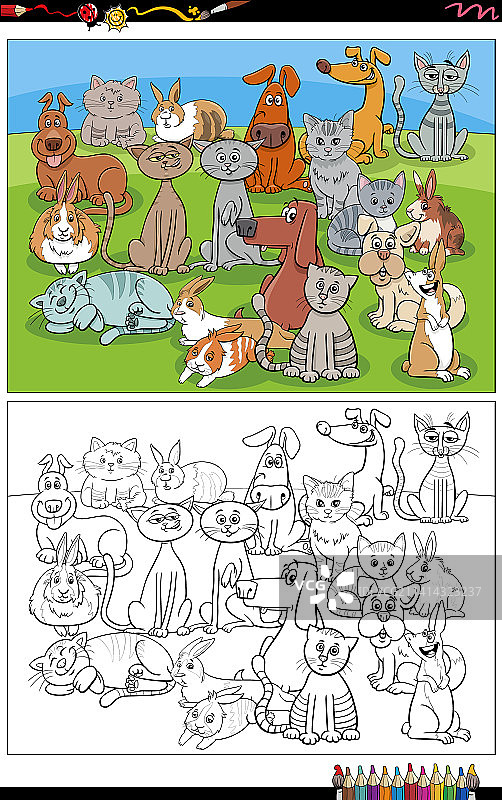 卡通猫狗兔组合着色图片素材